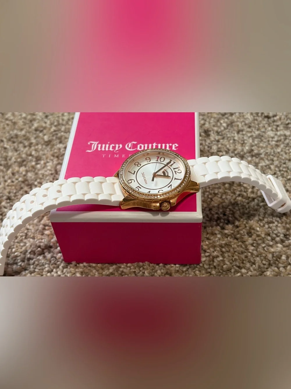 Y2K Juicy Couture White Silicone Strap Rose Gold-Tone Crystal Watch